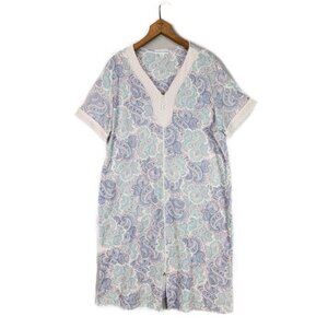 Miss Elaine Knit Full Zip Nightgown Women's L Paisley Blue Pink Short Sleeve